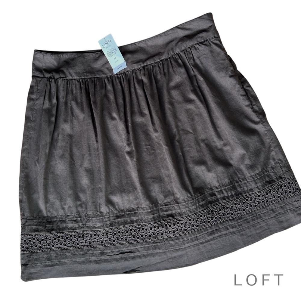 NWT LOFT BROWN GATHERED COTTON SKIRT EYELET LACE PLEATED TRIM | 4 PETITE